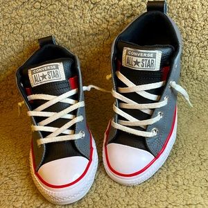 Leather Grey, and White Converse